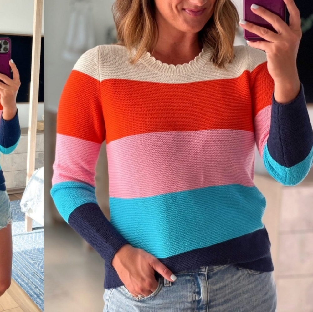 Loft Colorblock Lightweight Knit Cotton Blend Sweater Size Petite Medium